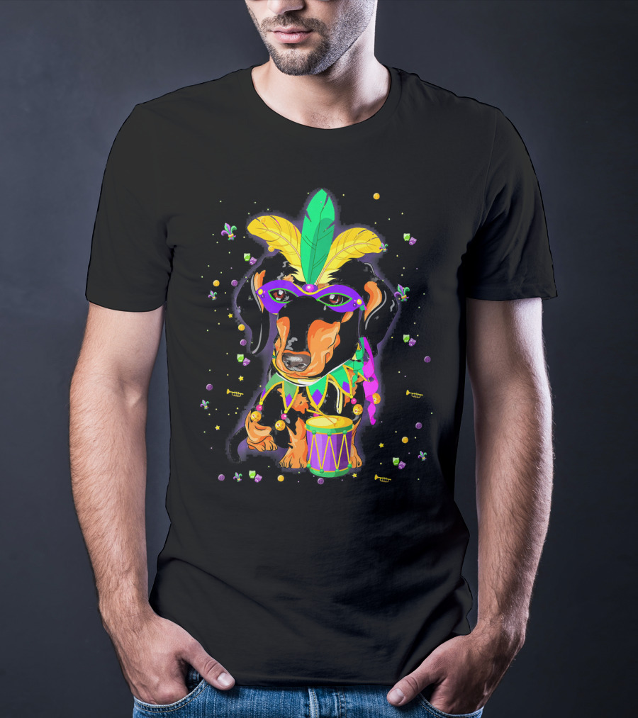 Cute Dachshund In Mardi Gras Mask With Drum And Feathers T-Shirt