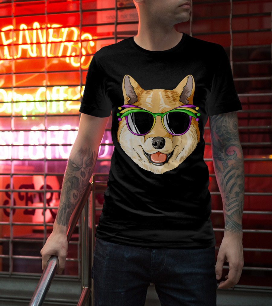 Shiba Inu In Mardi Gras Carnival Mask With Festive Sunglasses T-Shirt