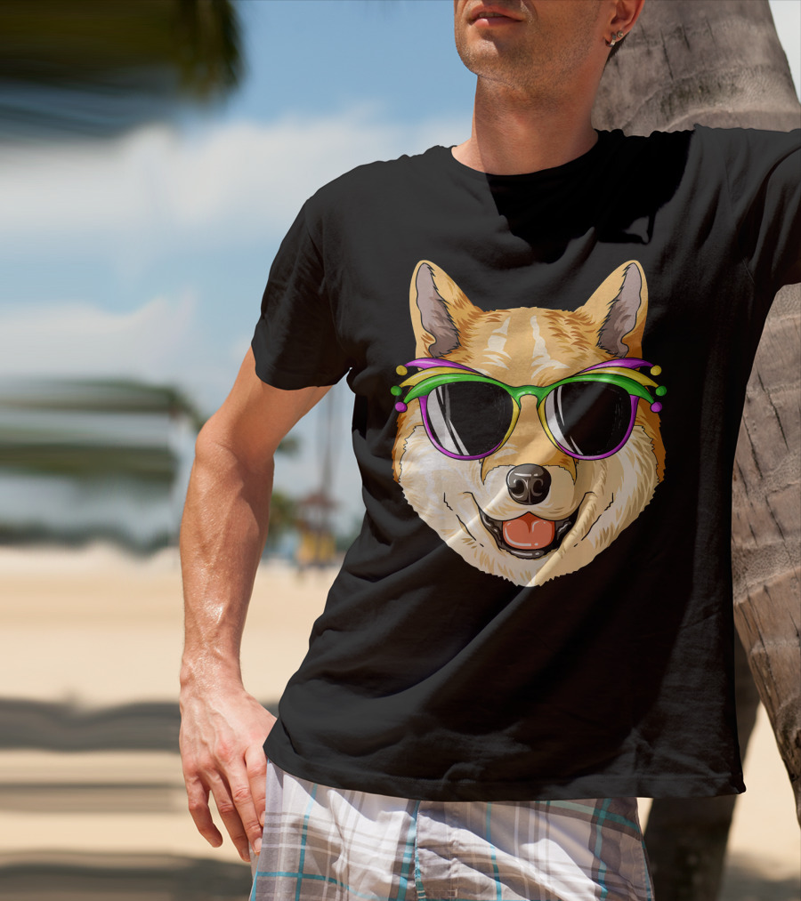 Shiba Inu In Mardi Gras Carnival Mask With Festive Sunglasses T-Shirt