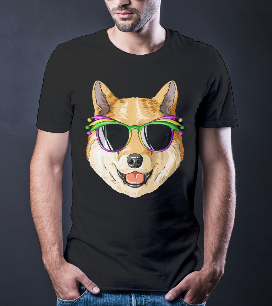 Shiba Inu In Mardi Gras Carnival Mask With Festive Sunglasses T-Shirt