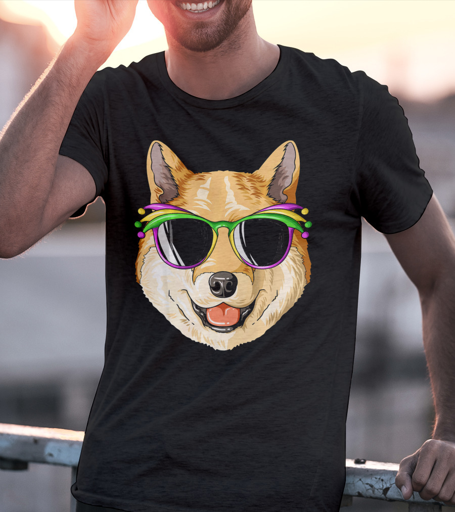 Shiba Inu In Mardi Gras Carnival Mask With Festive Sunglasses T-Shirt