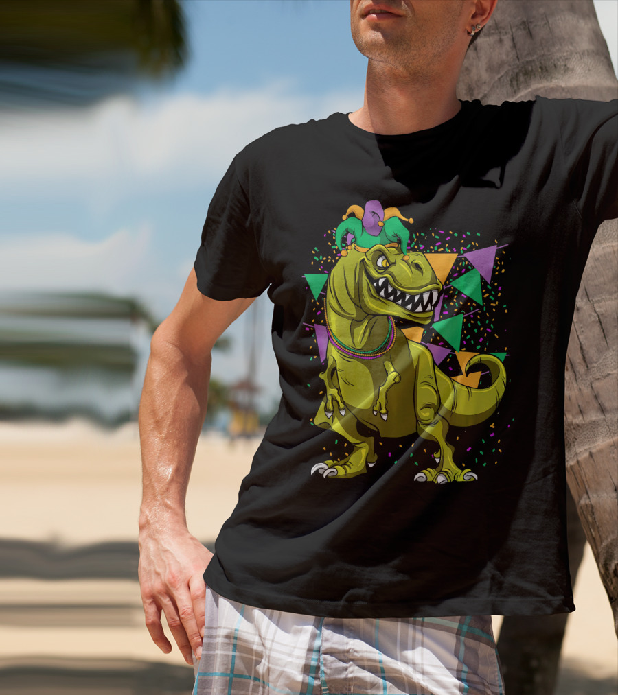 Funny Fat Tuesday Mardi Gras T-Rex Jester With Beads And Confetti T-Shirt