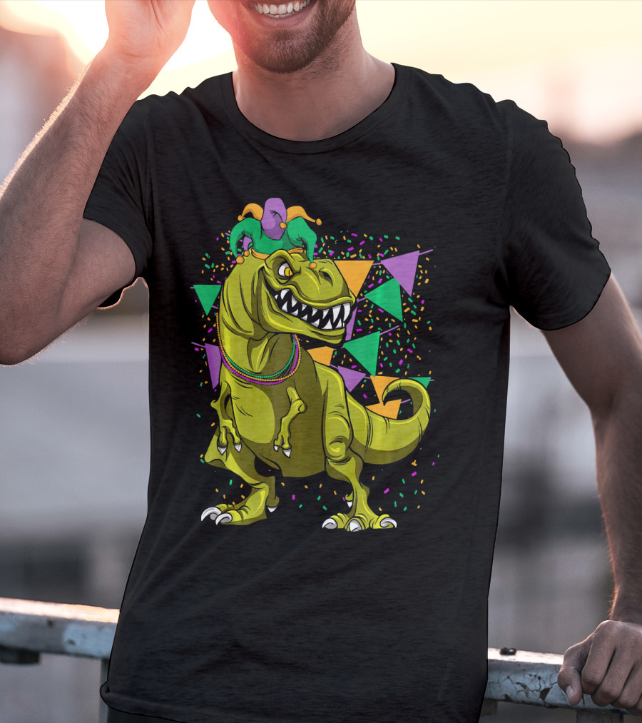 Funny Fat Tuesday Mardi Gras T-Rex Jester With Beads And Confetti T-Shirt
