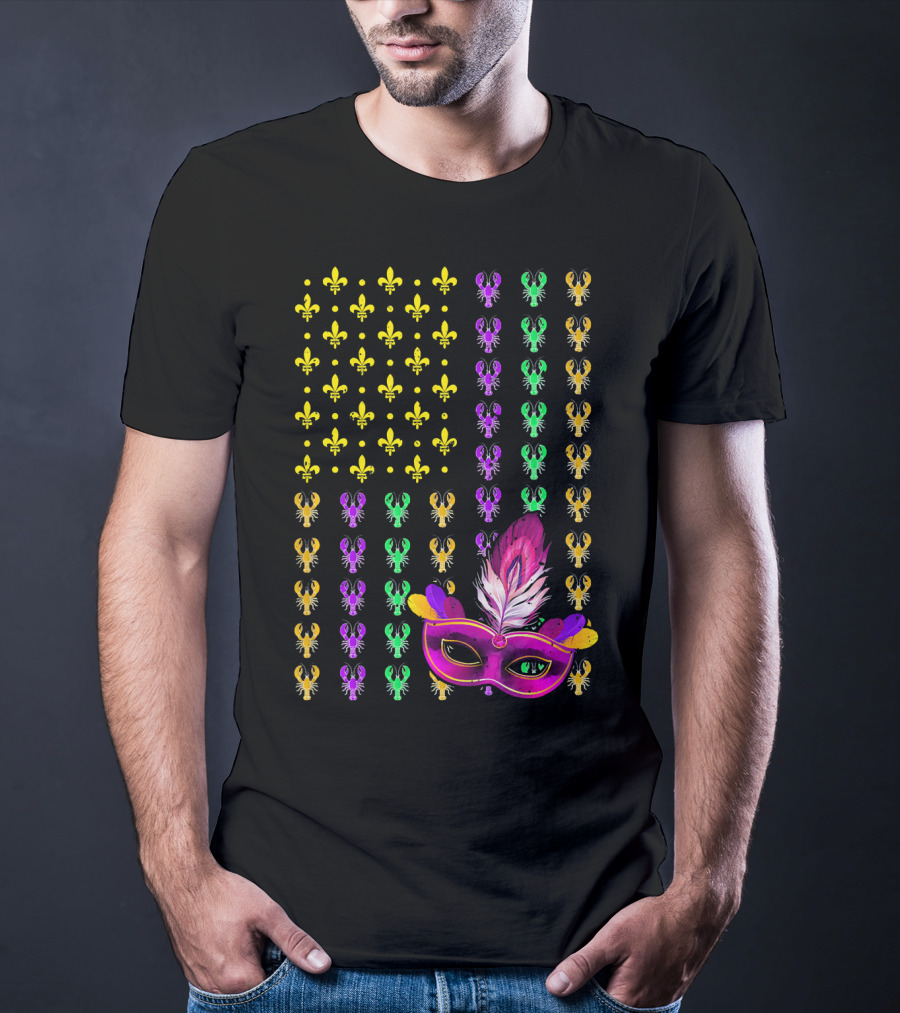 Crawfish Fleur-de-Lis Mardi Gras Mask American Flag T-Shirt