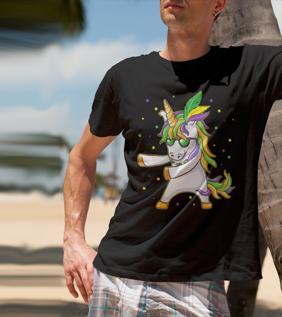 Mardi Gras Unicorn Dabbing And Flossing Colorful Festive Dance T-Shirt