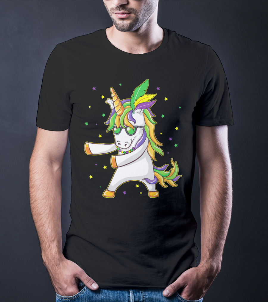 Mardi Gras Unicorn Dabbing And Flossing Colorful Festive Dance T-Shirt