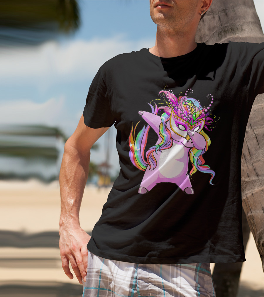 Dabbing Mardi Gras Masked Unicorn With Colorful Mane T-Shirt