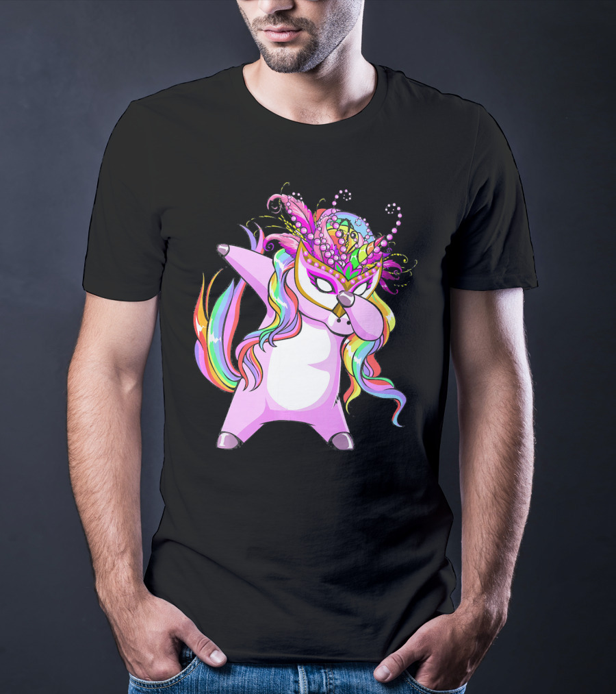 Dabbing Mardi Gras Masked Unicorn With Colorful Mane T-Shirt