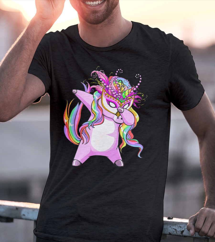 Dabbing Mardi Gras Masked Unicorn With Colorful Mane T-Shirt