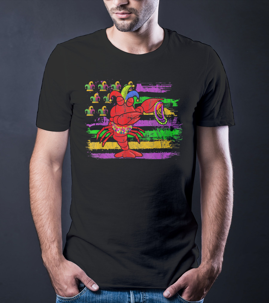 Lobster With Beads And Jester Hats On Mardi Gras Flag Background T-Shirt