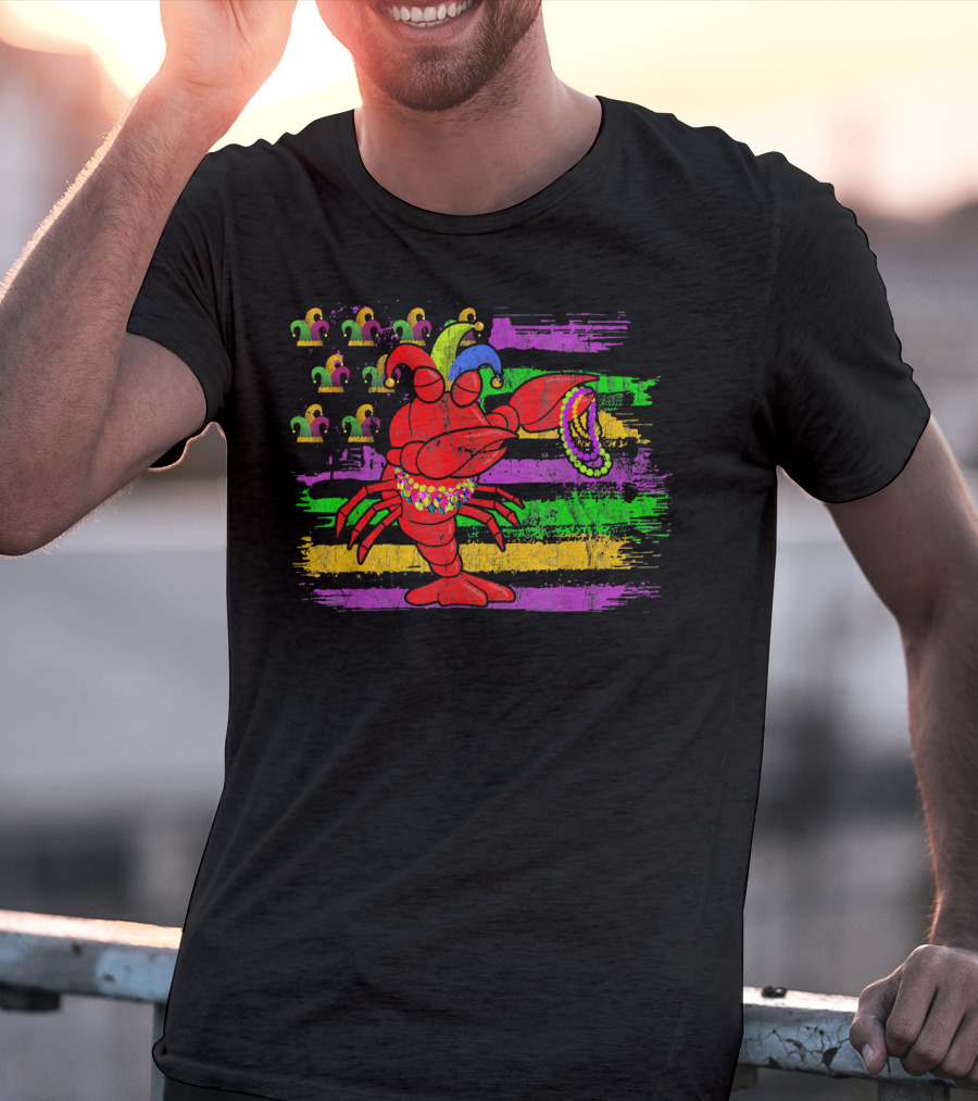 Lobster With Beads And Jester Hats On Mardi Gras Flag Background T-Shirt