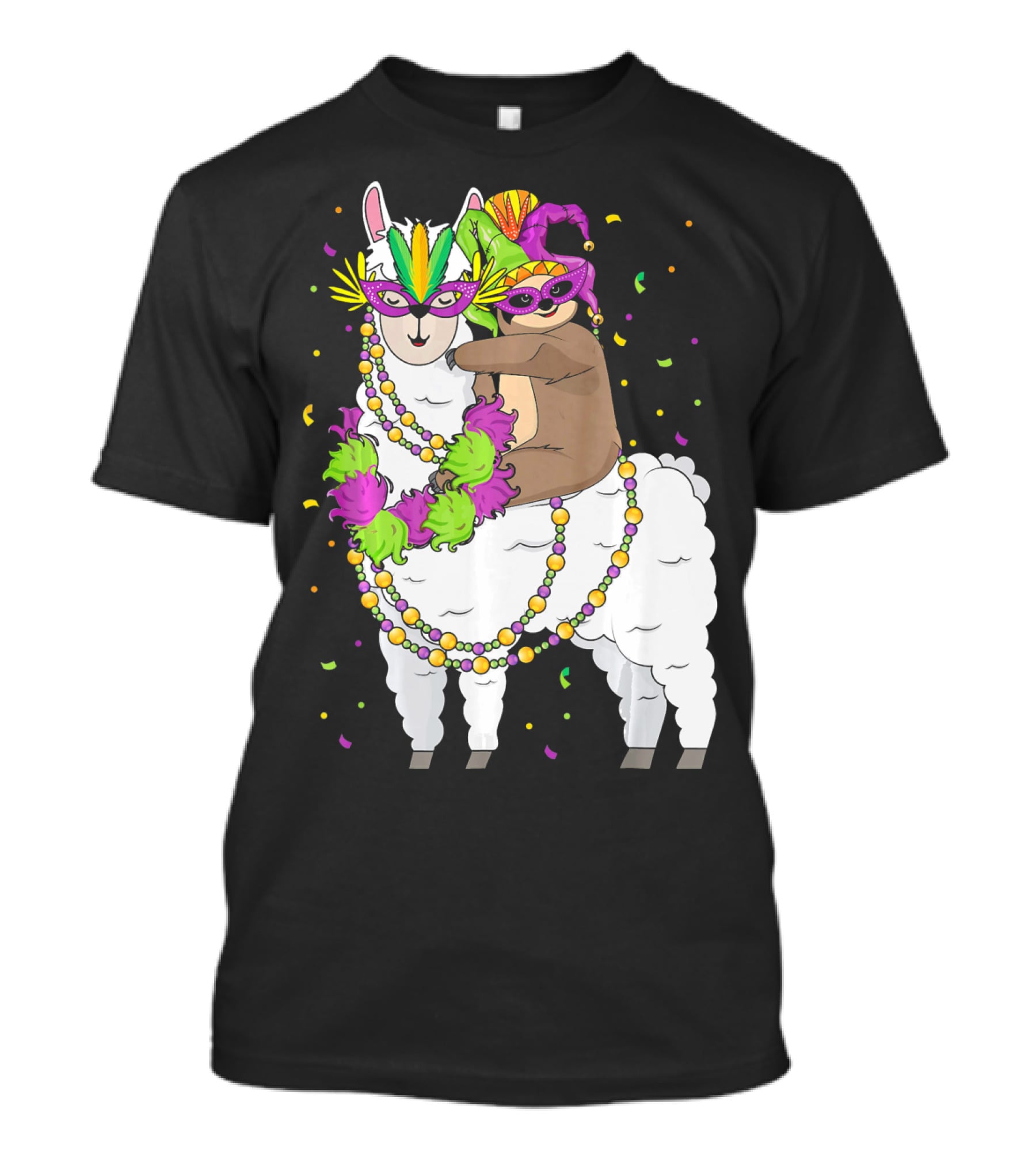 Llama Masked With Beads And Confetti Sloth Mardi Gras T-Shirt