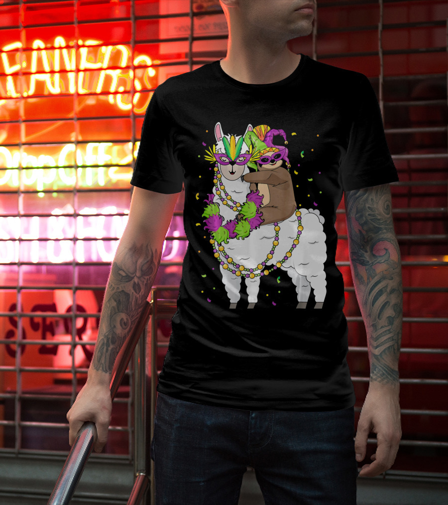 Llama Masked With Beads And Confetti Sloth Mardi Gras T-Shirt