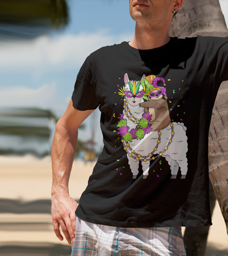 Llama Masked With Beads And Confetti Sloth Mardi Gras T-Shirt