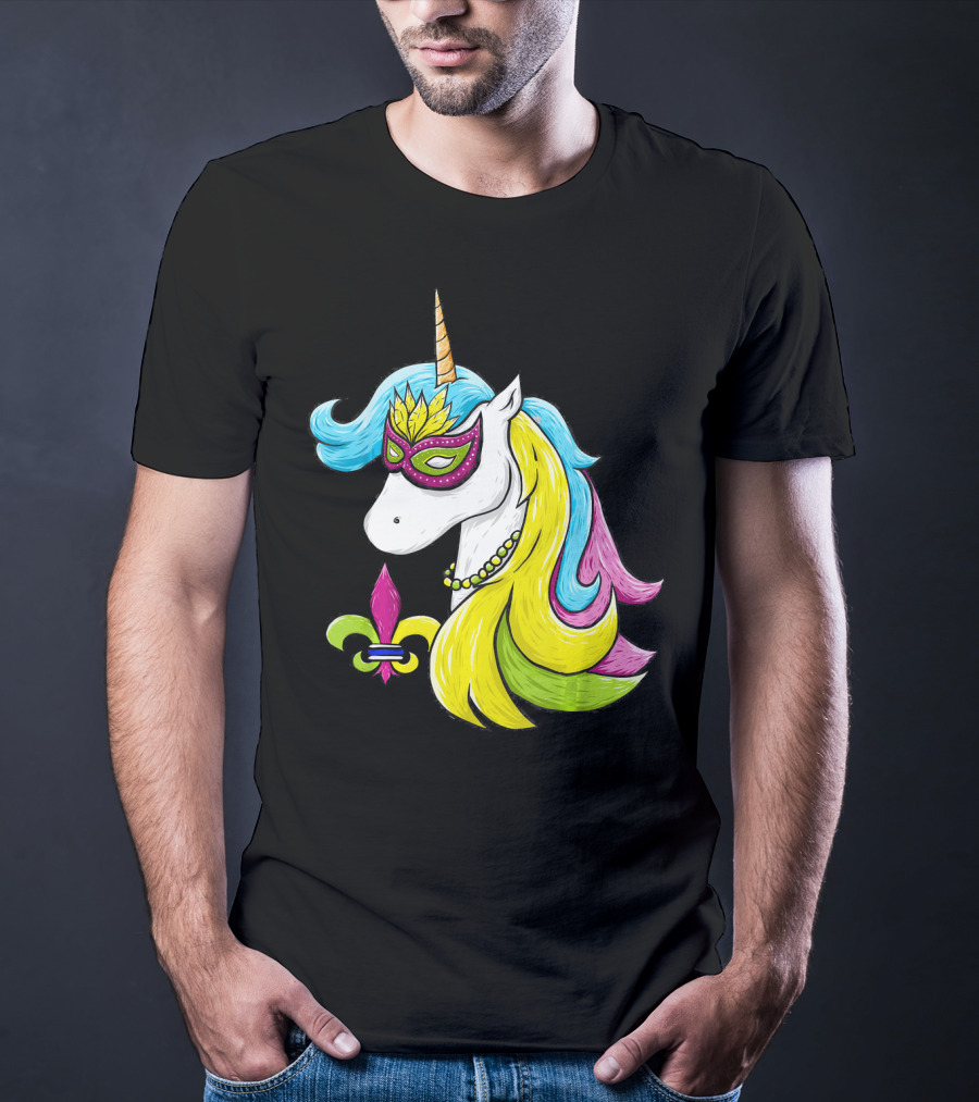 Mardi Gras Unicorn Mask With Fleur-de-Lis And Colorful Hair Fat Tuesday T-Shirt