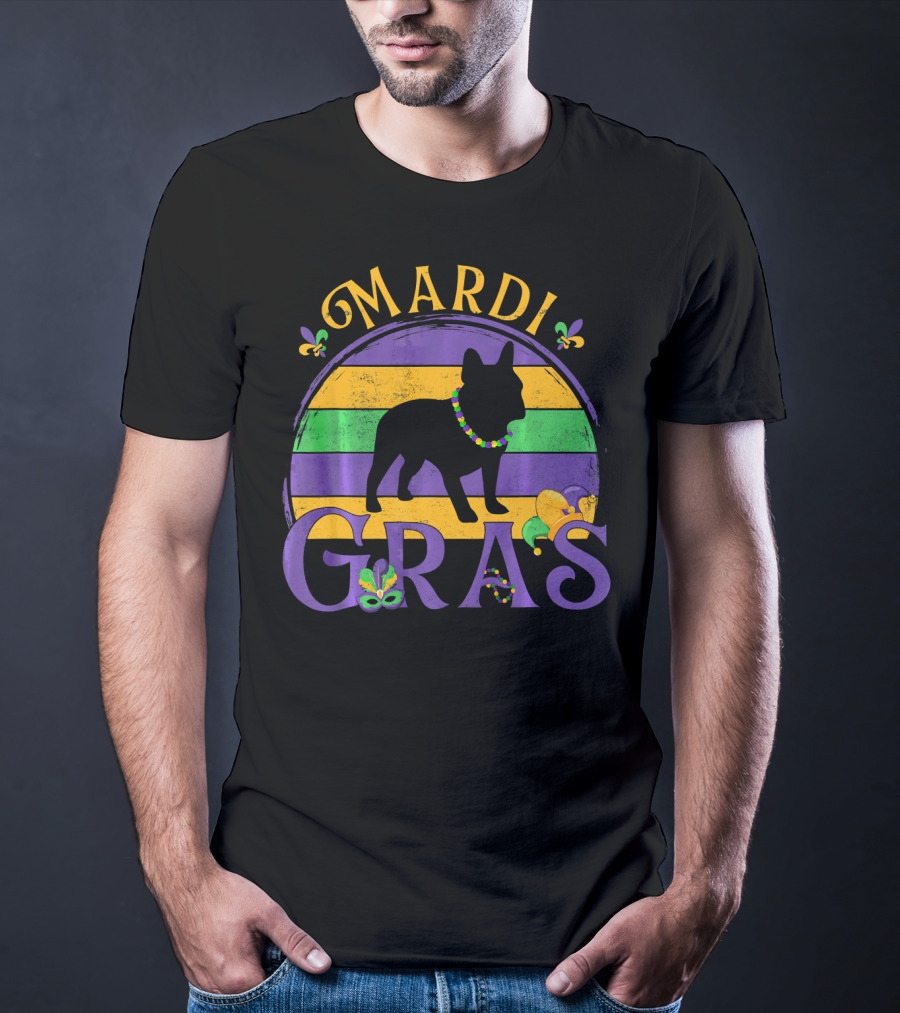 Mardi Gras French Bulldog Beads Festive Celebration Fleur-de-Lis T-Shirt