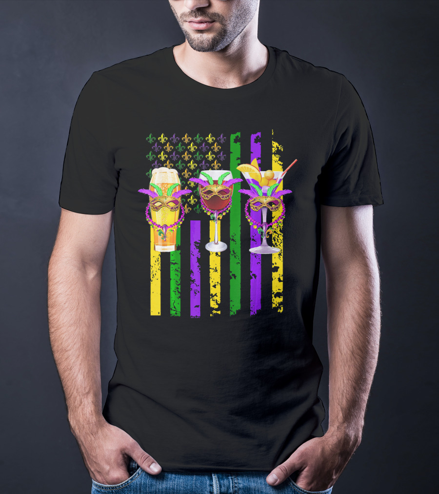 Beer Wine Cocktails With Masks And Beads Fleur-de-Lis Mardi Gras Colors T-Shirt