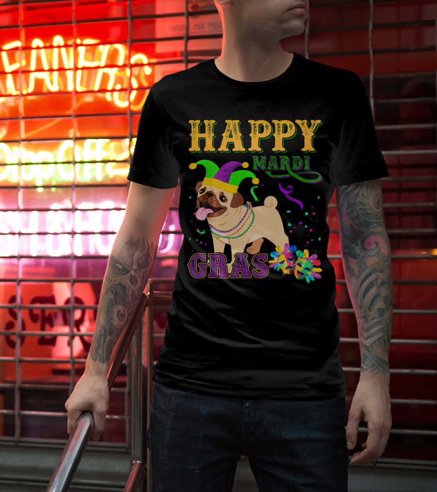 Happy Mardi Gras Pug Dog Costume Party T-Shirt