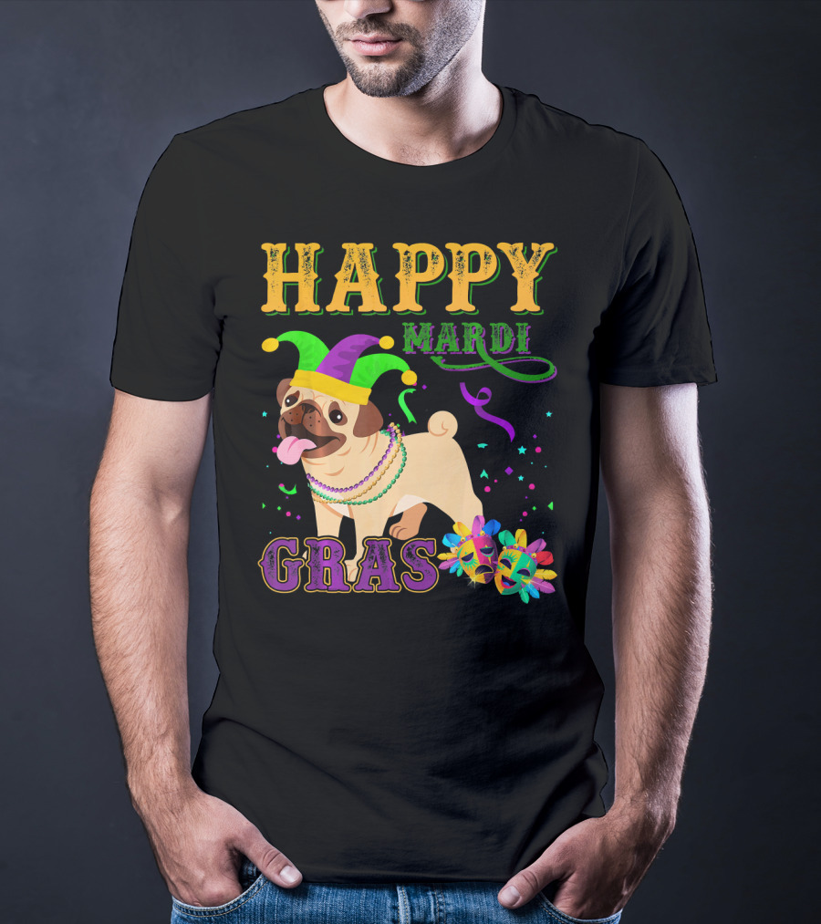 Happy Mardi Gras Pug Dog Costume Party T-Shirt