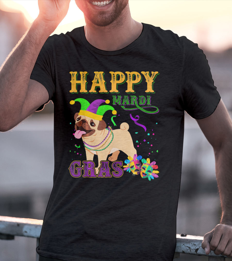 Happy Mardi Gras Pug Dog Costume Party T-Shirt