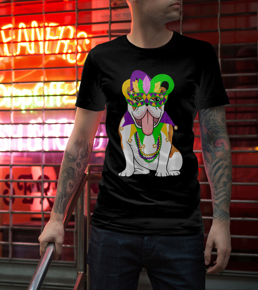 Mardi Gras English Bulldog Mask Beads Costume T-Shirt