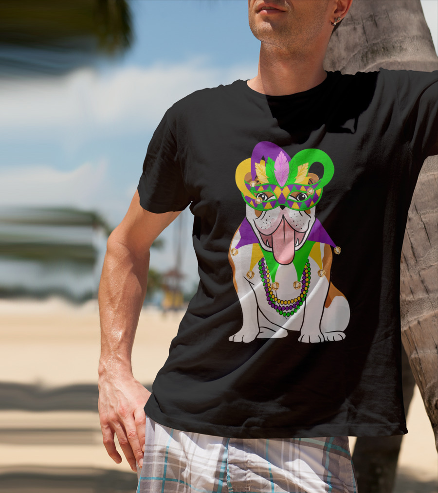 Mardi Gras English Bulldog Mask Beads Costume T-Shirt