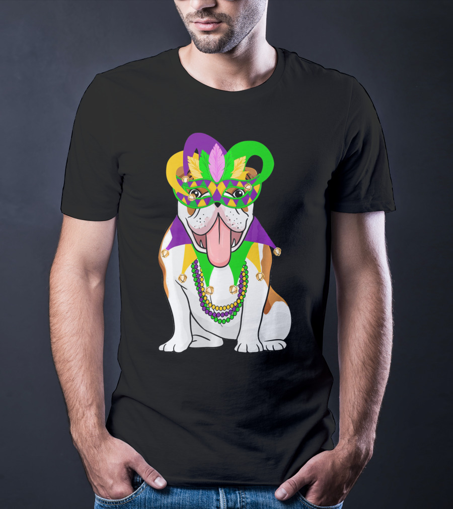Mardi Gras English Bulldog Mask Beads Costume T-Shirt