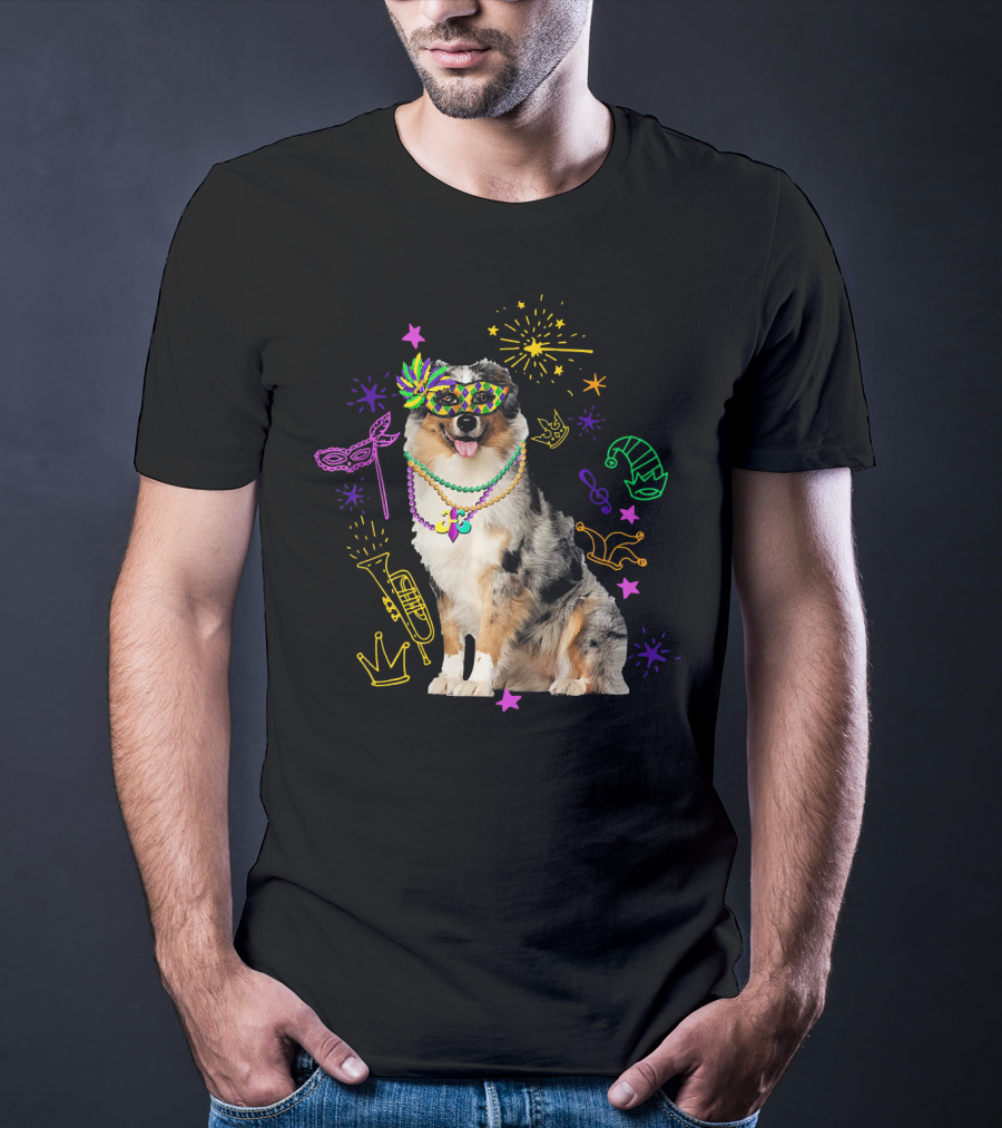 Australian Shepherd Dog With Mardi Gras Beads And Mask T-Shirt
