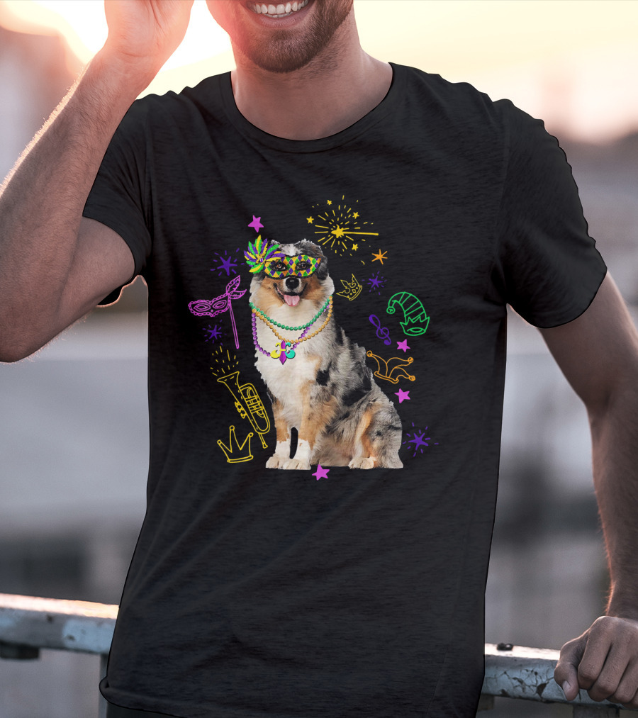 Australian Shepherd Dog With Mardi Gras Beads And Mask T-Shirt
