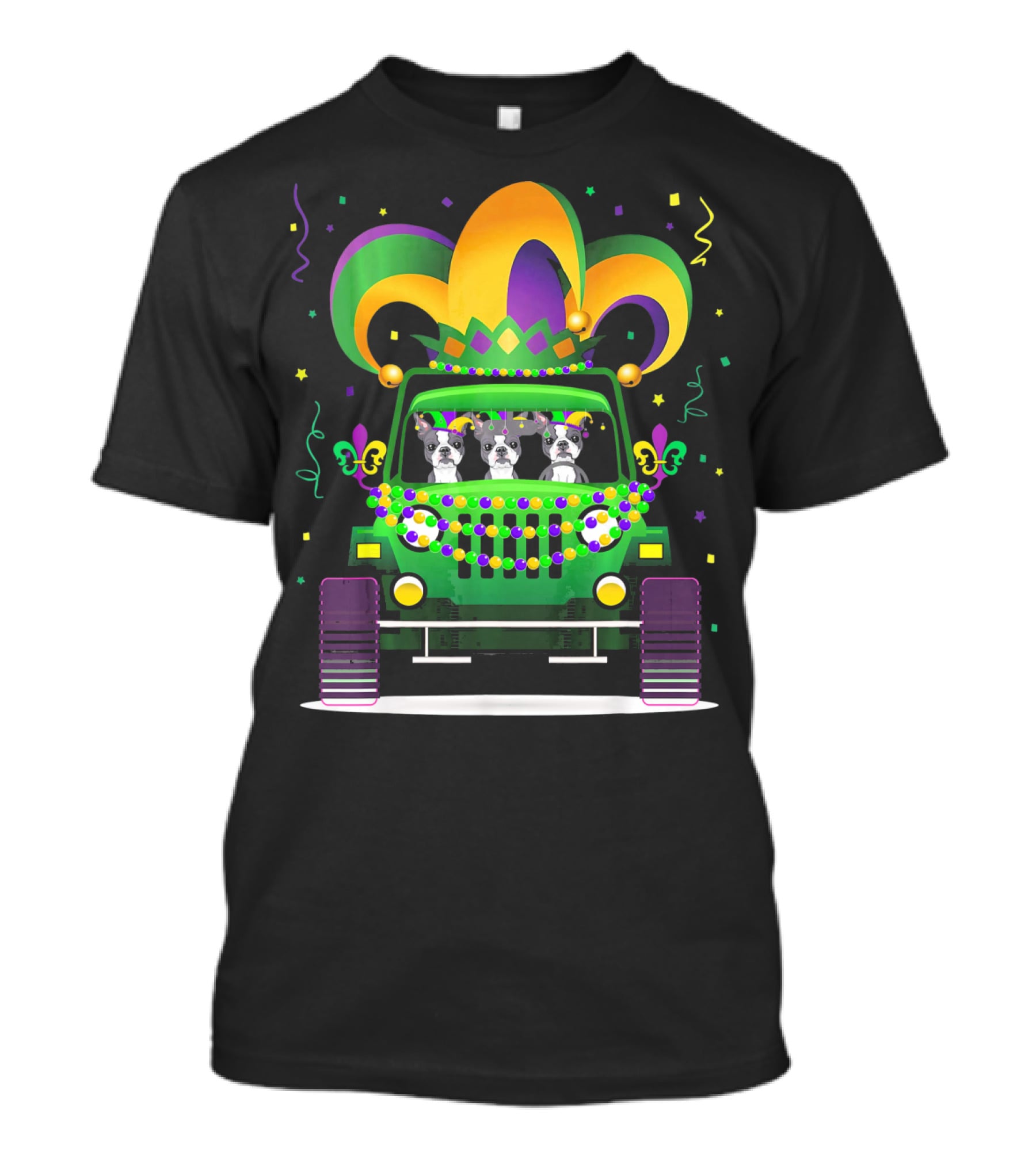 Boston Terrier Jeep Mardi Gras Festive T-Shirt