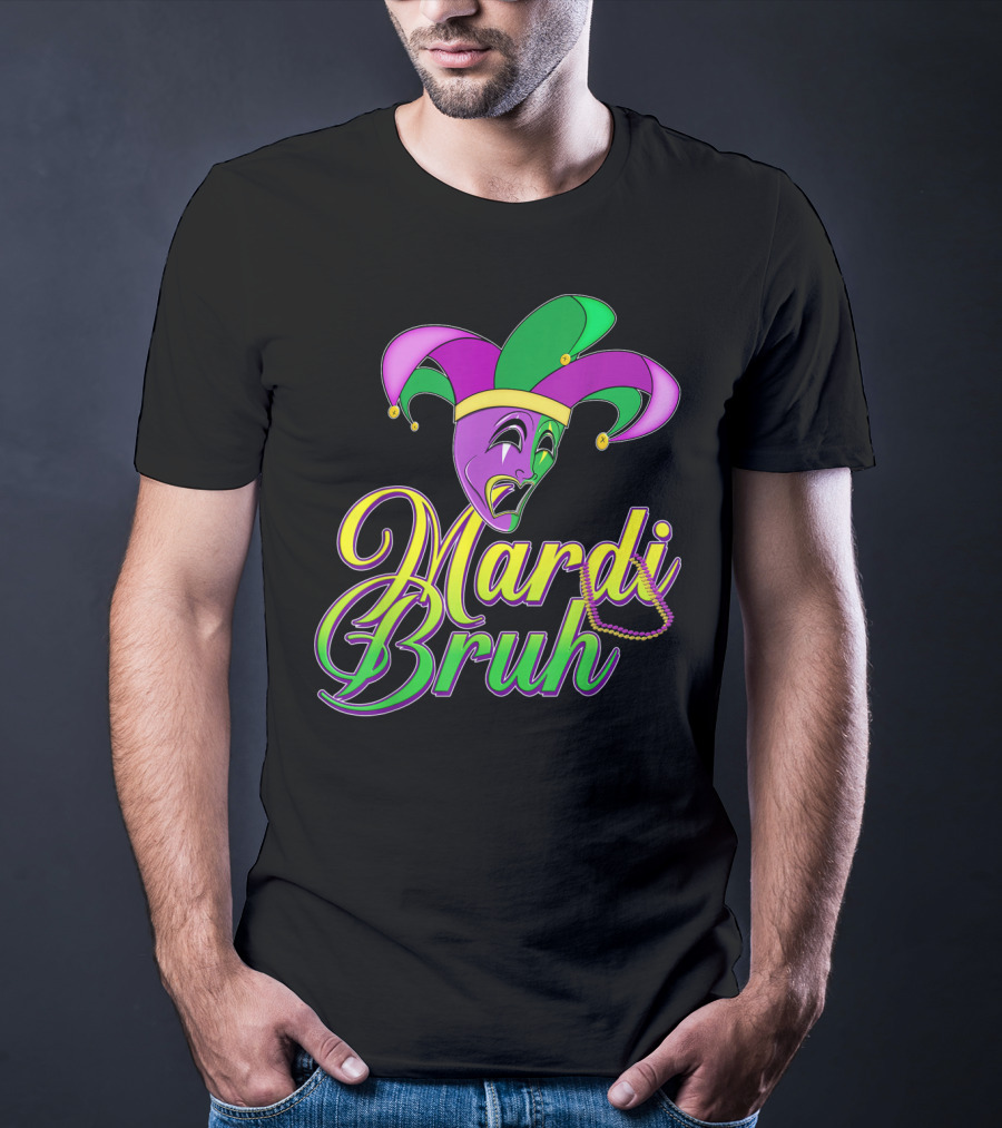 Mardi Bruh Jester Mask And Beads Mens Mardi Gras Funny Coupl T-Shirt