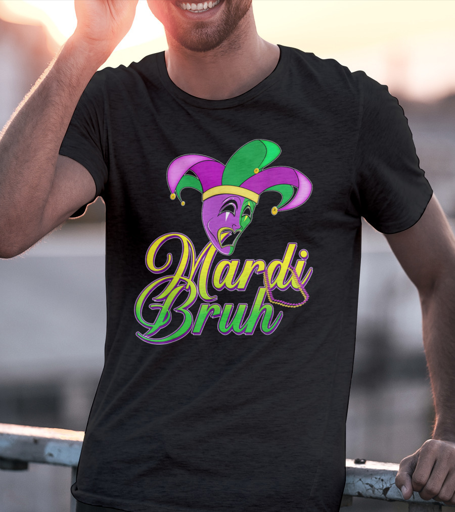 Mardi Bruh Jester Mask And Beads Mens Mardi Gras Funny Coupl T-Shirt