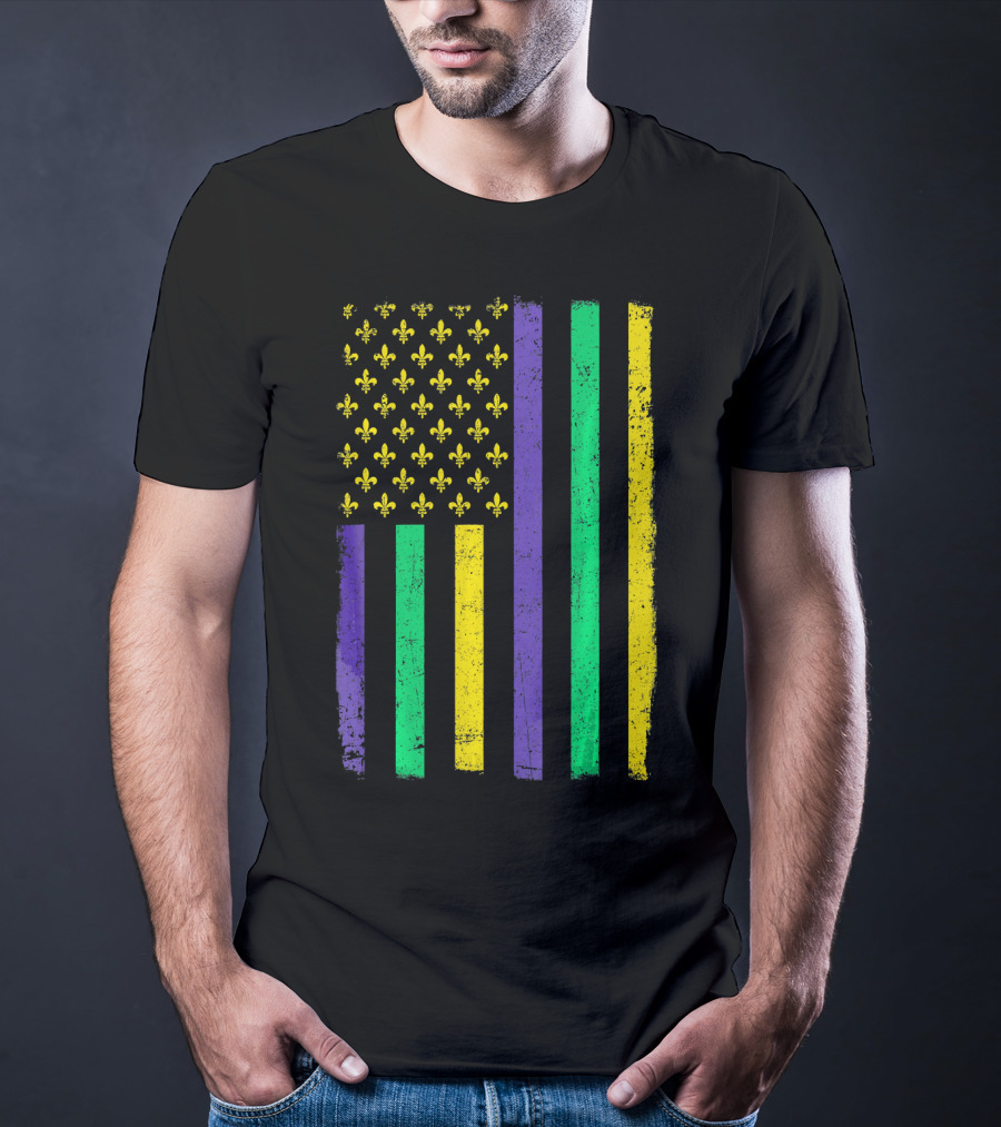 American Flag Mardi Gras Fleur De Lis Stripes T-Shirt