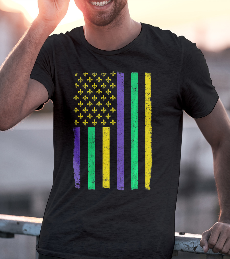 American Flag Mardi Gras Fleur De Lis Stripes T-Shirt