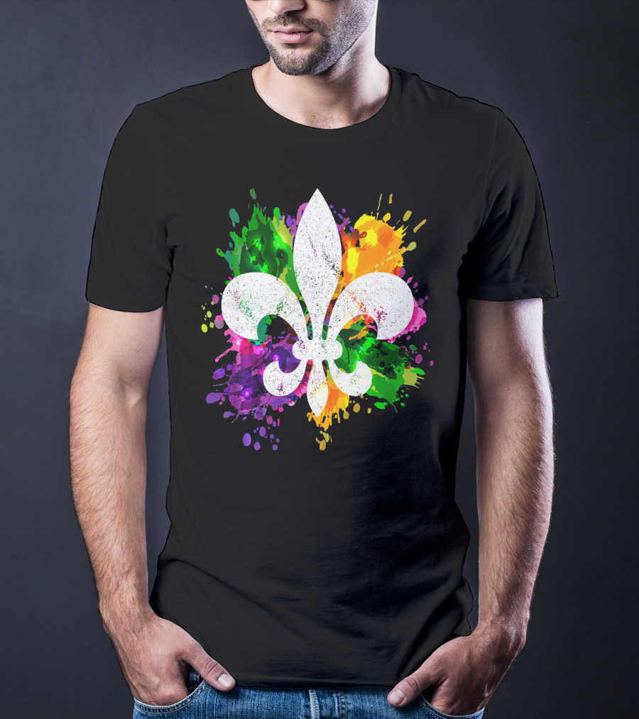 Mardi Gras Fleur De Lis Colorful Splatter Background T-Shirt