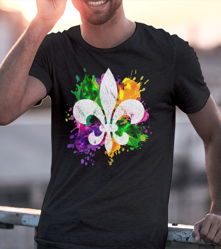 Mardi Gras Fleur De Lis Colorful Splatter Background T-Shirt