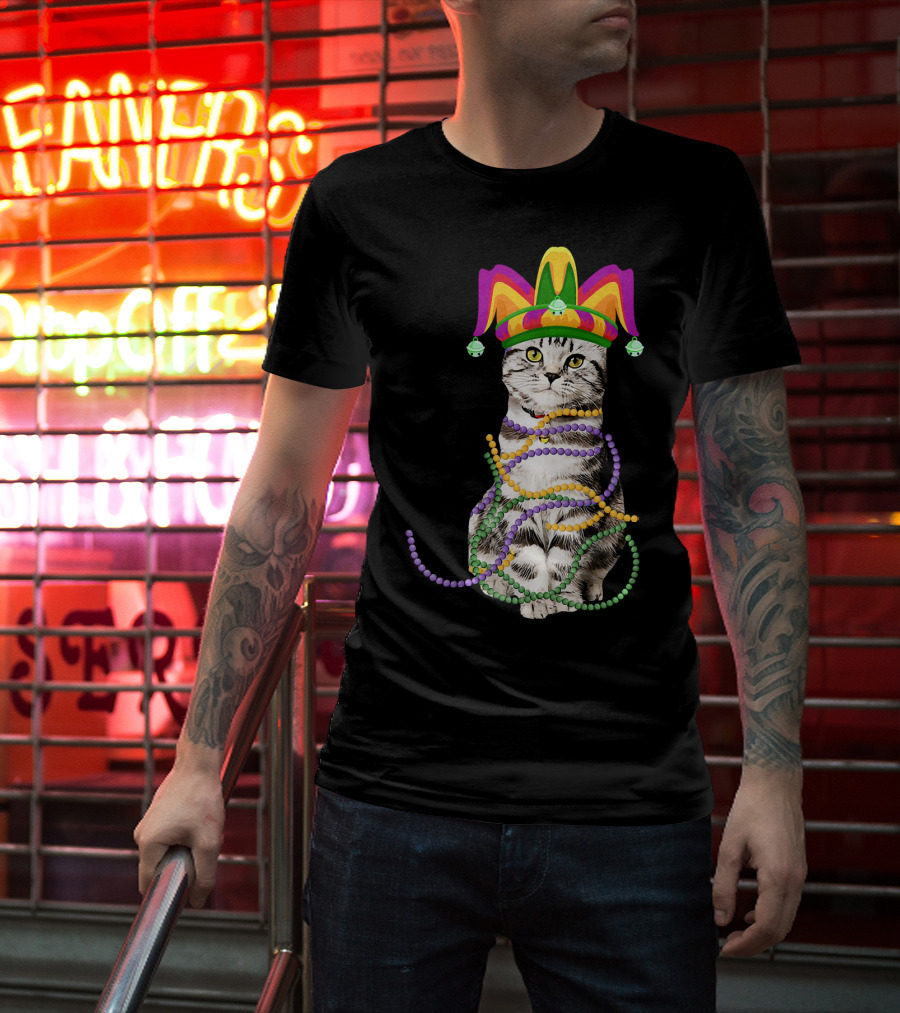 Mardi Gras Cat With Jester Hat And Beads Costume Kitte T-Shirt