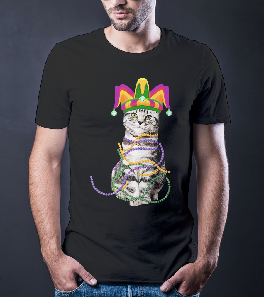 Mardi Gras Cat With Jester Hat And Beads Costume Kitte T-Shirt