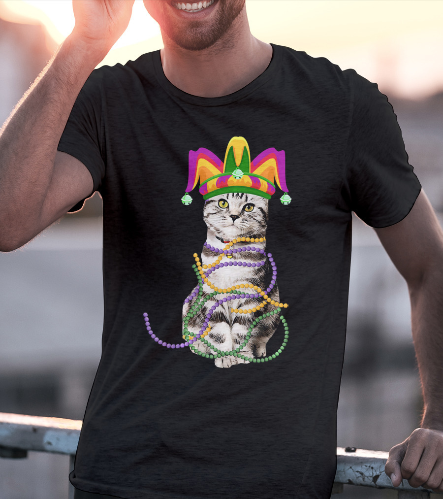 Mardi Gras Cat With Jester Hat And Beads Costume Kitte T-Shirt
