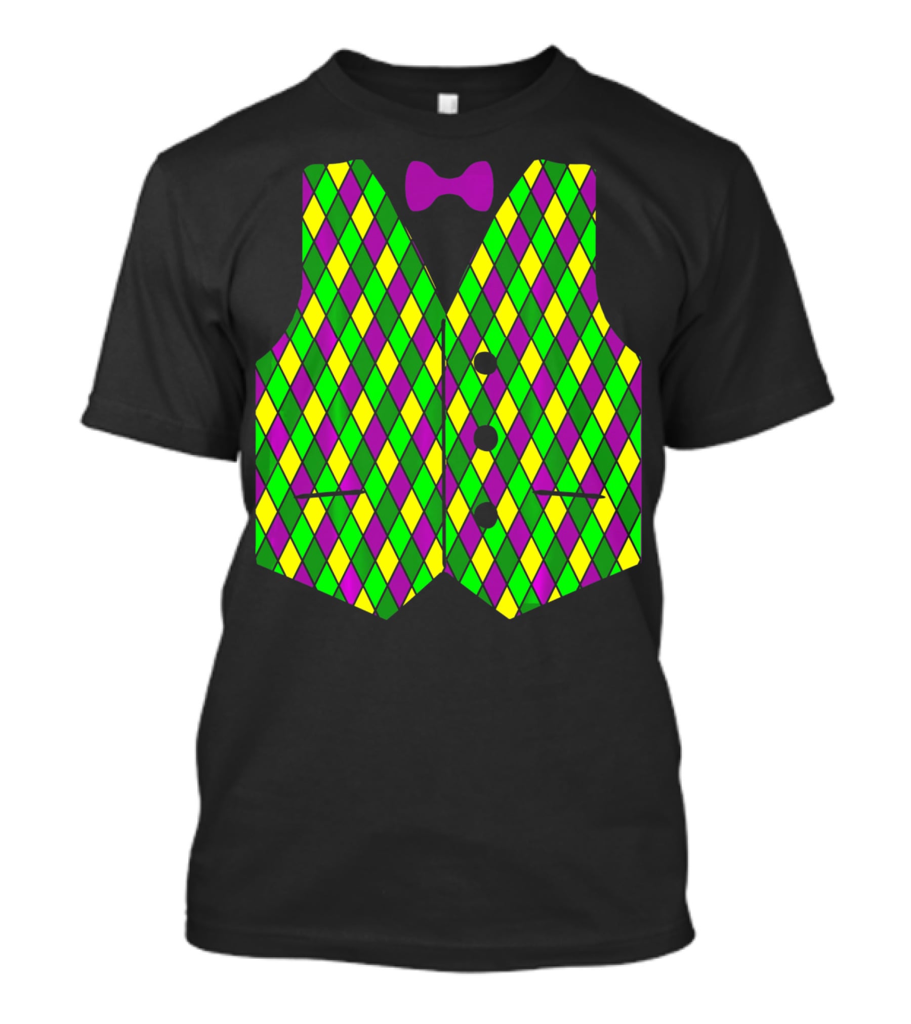 Mardi Gras Vest Harlequin Pattern Diamond Print Bowtie T-Shirt