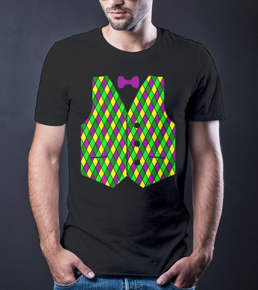 Mardi Gras Vest Harlequin Pattern Diamond Print Bowtie T-Shirt