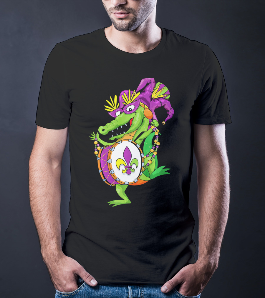 Cute Mardi Gras Alligator Jester Hat Drum Beads Fleur-de-Lis T-Shirt