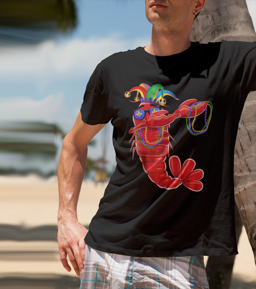 Mardi Gras Lobster Dabbing With Colorful Beads And Jester Hat T-Shirt