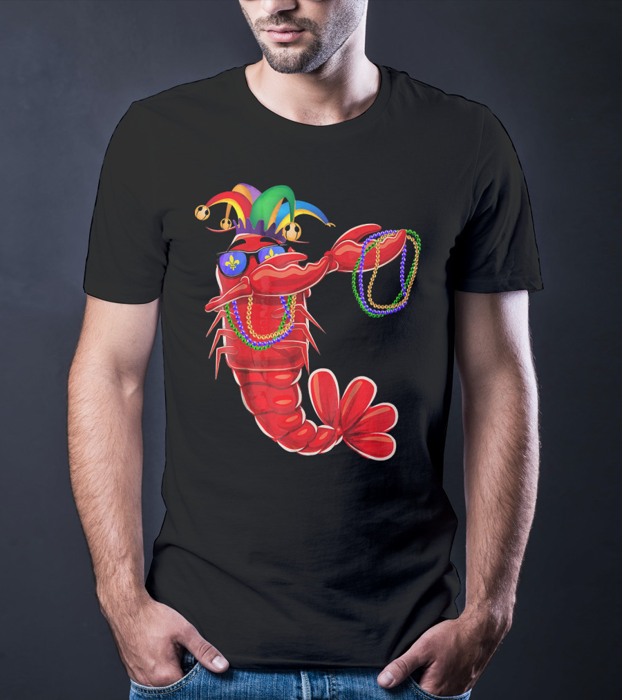 Mardi Gras Lobster Dabbing With Colorful Beads And Jester Hat T-Shirt