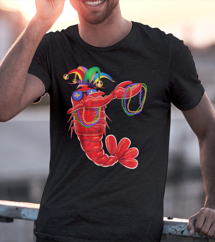 Mardi Gras Lobster Dabbing With Colorful Beads And Jester Hat T-Shirt