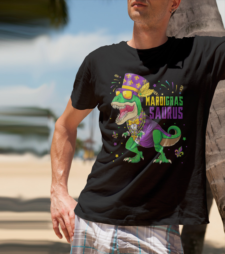 Mardi Gras Saurus T Rex Dinosaur Jester Kids T-Shirt