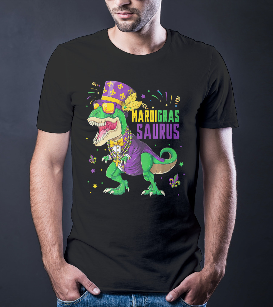 Mardi Gras Saurus T Rex Dinosaur Jester Kids T-Shirt