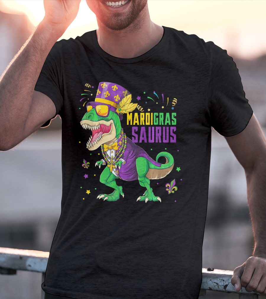 Mardi Gras Saurus T Rex Dinosaur Jester Kids T-Shirt