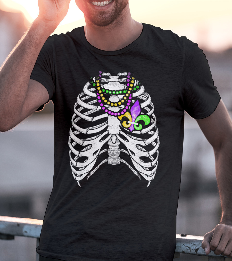 Mardi Gras Beads Skeleton Fleur De Lis Ribcage Heart T-Shirt