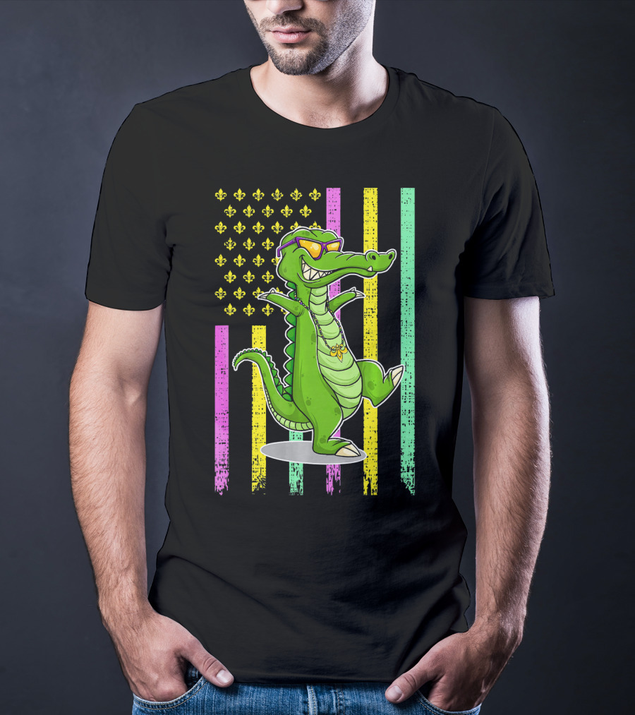 Mardi Gras Alligator With Sunglasses And Flag Background T-Shirt